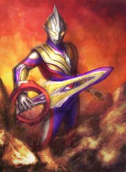  1boy absurdres alien arm_guards armor breastplate canyon circle_arms cliff color_timer colored_skin commentary compound_eyes crystal dorsal_fin dust_cloud feet_out_of_frame forehead_jewel glowing glowing_eyes gradient_sky highres holding holding_sword holding_weapon looking_down male_focus multicolored_skin multicolored_sky orange_sky outdoors pectorals purple_skin red_skin robuja silver_skin sky solo standing sunset sword tokusatsu toned toned_male ultra_series ultraman_trigger ultraman_trigger_(multi_type) ultraman_trigger_(series) weapon yellow_eyes yellow_sky 