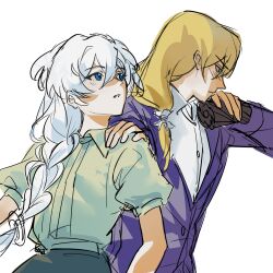 1boy 1girl alternate_costume arm_up azhccizunssqunlzhu behind_another blonde_hair blue_eyes braid chinese_commentary collared_jacket collared_shirt couple embarrassed friends from_side green_eyes green_shirt hair_between_eyes hair_over_shoulder hand_on_another's_shoulder head_tilt highres honkai_(series) honkai_impact_3rd jacket kallen_kaslana long_braid long_hair long_sleeves looking_to_the_side looking_up low-tied_long_hair otto_apocalypse parted_lips purple_jacket purple_suit shade shirt short_hair single_braid standing suit suit_jacket upper_body white_hair white_shirt 