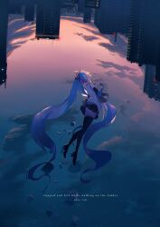  1girl absurdly_long_hair absurdres apartment arched_back arms_at_sides bare_shoulders black_boots black_skirt black_sleeves blue_hair blue_necktie blue_theme boots breasts building choppy_bangs chromatic_aberration city cityscape closed_eyes clouds cloudy_sky collared_shirt commentary_request cool_colored crane_(machine) dark_cloud detached_sleeves dusk english_text evening eyelashes falling fisheye gradient_sky grey_sky hair_between_eyes happy hatsune_miku hatsune_miku_happy_16th_birthday_-dear_creators- head_back headset highres horizon knees_together_feet_apart light_smile long_hair necktie night night_sky notebook orange_sky outdoors paint_can paint_palette paint_tube palette_knife paper parted_lips pink_sky pleated_skirt profile radio_tower railing scissors shirt sideboob sidelighting sidelocks skirt sky sleeveless sleeveless_shirt small_breasts solo spool star_(sky) starry_sky stylus sunlight surreal thigh_boots thzskyzx twintails very_long_hair vocaloid wavy_hair white_shirt wide_shot wide_sleeves zettai_ryouiki 