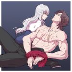  1boy 1girl brown_hair caren_hortensia cross cross_necklace fate/hollow_ataraxia fate_(series) father_and_daughter jewelry kotomine_kirei long_hair necklace nun scar shirtless silver_hair white_hair x583x yellow_eyes 