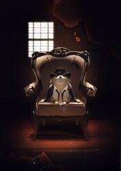  ahu_(to_be_hero_x) animal chair dog fedora hat highres necktie on_chair oversized_clothes sd2190392804 solo suit to_be_hero to_be_hero_x window 