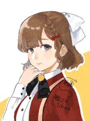  1girl artist_logo asahi_(kancolle) braid brown_hair coat collared_shirt dress_shirt grey_eyes highres kantai_collection logo looking_at_viewer mole mole_under_mouth one-hour_drawing_challenge red_coat ribbon sabakanbasupisu shirt short_hair single_braid smile solo upper_body white_ribbon white_shirt 