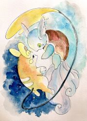  alolan_raichu floating full_body green_eyes highres looking_at_another mint_nappa no_humans open_mouth painting_(medium) paper_texture pokemon pokemon_(creature) tears traditional_media wartortle watercolor_(medium) 