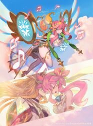  1boy 1girl bare_shoulders beamed_eighth_notes bell blonde_hair blue_eyes boots breasts closed_eyes closed_mouth copyright_notice duel_masters eighth_note elbow_gloves flower gloves gold_trim hair_flower hair_ornament highleg highleg_leotard highres lack large_breasts leg_up leotard long_hair magic_circle multicolored_eyes musical_note neck_bell official_art open_mouth pink_eyes pink_hair profile rafululu_love_(duel_masters) sidelocks sky split_screen thigh-highs thigh_boots thighhighs_under_boots very_long_hair white_boots white_gloves wings 