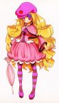  1girl blonde_hair bubble_skirt closed_umbrella dress drill_hair eyepatch female happinesscharge_precure! harime_nui hat hosshiwa hosshiwa_(cosplay) kill_la_kill long_hair mary_janes o-nashi_neko pink_dress precure ringlets shoes smile solo striped striped_legwear umbrella white_background 