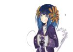  1girl blue_eyes blue_hair chiyo_(fragile) flat_chest flower fragile hair_flower hair_ornament japanese_clothes kimono long_hair looking_at_viewer nail_polish pan!ies red_nails sleeves_past_wrists smile solo 