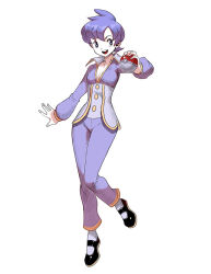  1girl anabel_(pokemon) black_shoes breasts buttons commentary english_commentary eyelashes fingernails full_body genzoman hatching_(texture) holding holding_poke_ball long_sleeves open_mouth pants poke_ball poke_ball_(basic) pokemon pokemon_emerald pokemon_rse purple_hair purple_pants shoes short_hair simple_background smile socks solo standing standing_on_one_leg teeth upper_teeth_only very_short_hair violet_eyes white_background white_socks 
