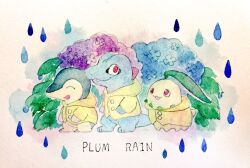  blue_flower chikorita clothed_pokemon commentary cyndaquil english_commentary english_text fang flower highres hydrangea looking_at_viewer mint_nappa no_humans open_mouth painting_(medium) pokemon pokemon_(creature) purple_flower raincoat red_eyes smile starter_pokemon_trio totodile traditional_media water_drop watercolor_(medium) yellow_raincoat 