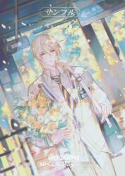  1boy alkaid_mcgrath bag blonde_hair blue_necktie blurry blurry_background bouquet cardigan chinese_commentary collared_shirt cowboy_shot dappled_sunlight day diagonal-striped_clothes diagonal-striped_necktie dutch_angle falling_petals flower green_eyes green_necktie hair_between_eyes highres holding holding_bouquet long_sleeves looking_ahead lovebrush_chronicles male_focus medium_hair name_tag necktie orange_flower orange_rose pants parted_lips petals plaid_clothes plaid_pants rose sample_watermark school_bag school_uniform shirt sinko123 solo standing star_button striped_clothes sunlight train_station tree untucked_shirt watermark white_flower white_necktie white_rose white_shirt yellow_cardigan yellow_pants 