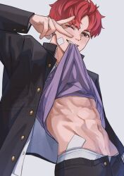  1boy abs black_pants blush buttons clothes_lift dandadan earrings enjoji_jin gakuran gauze gauze_on_cheek grey_background hashtag-only_commentary highres jacket jewelry lifting_own_clothes looking_at_viewer male_focus male_underwear mouth_hold navel one_eye_closed open_clothes open_jacket pants purple_shirt red_hair school_uniform shirt shirt_lift short_hair simple_background smile solo teeth_hold underwear upper_body v white_male_underwear wolf6481 