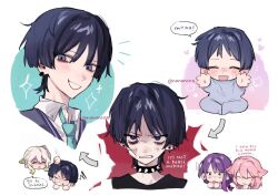  1boy 3girls age_progression alternate_costume alternate_universe animal_ears aqua_necktie arrow_(symbol) baby bags_under_eyes black_choker black_eyes black_hair black_shirt blunt_ends blush bonk bright_pupils casual choker clenched_teeth closed_eyes collared_shirt colored_tips contemporary disembodied_head ear_piercing earrings english_text eyelashes facing_another facing_viewer fox_ears gauze gauze_on_cheek genshin_impact glaring goth_fashion green_hair grey_sweater_vest hair_between_eyes hair_ornament heart jewelry leaf_hair_ornament long_hair looking_at_another low-braided_long_hair low-tied_long_hair mole mole_under_eye multicolored_hair multiple_girls nahida_(genshin_impact) necktie nonons notice_lines official_alternate_costume onesie open_hands open_mouth parted_lips piercing pink_hair pointy_ears purple_hair purple_trim raiden_shogun scaramouche_(genshin_impact) shaded_face shirt side_ponytail sidelocks single_sidelock speech_bubble spiked_choker spikes streaked_hair sweatdrop sweater_vest swept_bangs teeth tsurime twitter_username violet_eyes wanderer_(genshin_impact) wanderer_(mega_mgc_coffee)_(genshin_impact) white_hair white_mouth white_pupils white_shirt wispy_bangs yae_miko 