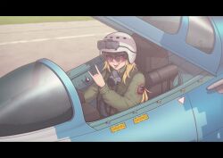  1girl \m/ absurdres aircraft airplane black_border blonde_hair blue_eyes border canopy_(aircraft) cockpit commission day english_commentary fang fighter_jet flight_suit grass green_jacket hair_between_eyes hand_up helmet highres jacket letterboxed load_bearing_vest localspaghetto long_hair long_sleeves military_vehicle open_mouth original outdoors oxygen_mask pilot pilot_helmet runway sidelocks signature sitting solo su-27 tongue tongue_out unit_patch 