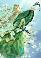  1girl absurdly_long_hair absurdres aqunaqunyingfen bare_shoulders bird blue_sky cherry_blossoms chinese_clothes chinese_commentary chinese_hairpin commentary_request day expressionless flower full_body green_eyes green_hanfu hair_ornament hair_rings hanfu highres lips long_hair long_sleeves looking_at_animal nikki_(series) nostrils off_shoulder on_branch outdoors outstretched_arms parted_lips petals pink_lips realistic shining_nikki sitting sky solo swallow_(bird) thousand-mile_heartland_(shining_nikki) tree very_long_hair white_flower white_hair wide_sleeves wind 