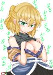  1girl angry blonde_hair blush breasts cleavage crying eyes_visible_through_hair fang fang_out green_eyes highres jealous large_breasts mizuhashi_parsee nukoimo paru_paru pointy_ears ponytail robe shirt_lift skirt sleeveless sleeveless_shirt solo tears tears_in_eyes touhou trembling tsurime undershirt 