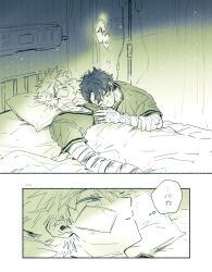  12ko_to 2boys absurdres bakugou_katsuki bandaged_arm bandaged_chest bandages bed boku_no_hero_academia closed_eyes commentary_request gauze gauze_on_cheek hand_on_another&#039;s_chest highres hospital hospital_bed hospital_gown injury intravenous_drip lying male_focus midoriya_izuku multiple_boys on_back on_bed pillow short_hair speech_bubble spiky_hair thought_bubble translation_request under_covers v-neck 
