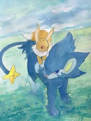  animal_focus blue_eyes closed_mouth commentary_request eevee field full_body grass highres luxray mint_nappa no_humans outdoors painting_(medium) pokemon pokemon_(creature) red_eyes riding riding_pokemon traditional_media watercolor_(medium) 