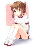  1girl blush brown_eyes brown_hair buruma folded_ponytail gym_uniform hyuuga_azuri inazuma_(kantai_collection) kantai_collection looking_at_viewer simple_background sitting socks solo white_background white_legwear 