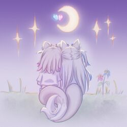 2girls animal_ears blonde_hair commentary_request crescent_moon dated_commentary dog_ears dog_girl dog_tail flower from_behind fuwawa_abyssgard fuwawa_abyssgard_(1st_costume) good_twins_day grass heart hololive hololive_english intertwined_tails long_hair mococo_abyssgard mococo_abyssgard_(1st_costume) moon multicolored_hair multiple_girls night night_sky on_grass outdoors purple_background shirt short_hair short_twintails siblings sisters sitting sky star_(sky) streaked_hair tail twins twintails white_shirt yurimiyanae 