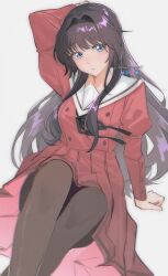  1girl absurdres arm_behind_head arm_up bilingual_commentary black_hairband black_pantyhose black_ribbon blue_eyes brown_hair buttons double-breasted feet_out_of_frame hair_intakes hairband highres kaoru_hana_wa_rin_to_saku kikyo_private_academy_school_uniform knees_up knowname long_hair long_sleeves looking_at_viewer mixed-language_commentary pantyhose parted_lips pink_serafuku pink_shirt pink_skirt pleated_skirt ribbon sailor_collar school_uniform serafuku shirt simple_background sitting skirt twitter_username very_long_hair waguri_kaoruko white_sailor_collar 
