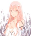  1girl bare_shoulders blush breasts center_opening cleavage crystal detached_sleeves guilty_crown hair_ornament hairclip hands_on_own_chest long_hair open_mouth pink_hair red_eyes solo twintails wenlu_an yuzuriha_inori 