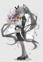  1girl alternate_costume blue_flower bouquet chill_(chill_meal) chromatic_aberration closed_mouth collared_shirt commentary_request expressionless falling_petals floating_hair flower from_side greyscale grid hair_ornament hatsune_miku highres holding holding_bouquet hugging_object loafers long_hair long_sleeves looking_at_viewer looking_to_the_side monochrome petals pleated_skirt purple_flower red_flower shirt shiseikan_ni_sayonara_(vocaloid) shoes simple_background skirt solo spot_color standing tic-tac-toe twintails very_long_hair vocaloid white_flower yellow_flower 