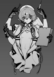  1girl blush breasts clipboard closed_mouth collared_shirt cropped_torso expressionless extra_arms gloves greyscale hands_up hat highres holding holding_clipboard holding_scissors holding_stethoscope holding_syringe jacket jacket_partially_removed kirihi_ko looking_at_viewer monochrome nurse nurse_cap nurse_robot_type_t nurse_robot_type_t_(vocaloid6) puffy_short_sleeves puffy_sleeves scissors shirt short_hair short_sleeves simple_background small_breasts solo stethoscope stethoscope_around_neck syringe upper_body utau vocaloid 