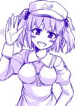  1girl :d blouse blush blush_stickers breasts cabbie_hat hair_bobbles hair_ornament hat juliet_sleeves kawashiro_nitori key long_sleeves monochrome open_mouth puffy_sleeves short_hair smile solo tanakara touhou two_side_up waving 