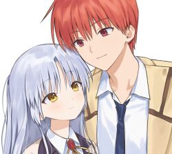  1boy 1girl angel_beats! blue_necktie blush closed_mouth collared_shirt commentary_request eyes_visible_through_hair hair_between_eyes height_difference jacket korean_commentary long_hair long_sleeves looking_at_another neck_ribbon necktie open_clothes open_jacket orange_hair otonashi_yuzuru portrait red_eyes ribbon saang2cm school_uniform shinda_sekai_sensen_uniform shirt short_hair simple_background smile split_mouth tachibana_kanade tsurime upper_body white_background white_hair white_shirt yellow_eyes yellow_jacket 