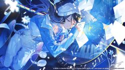  1boy 1girl black_hair blue_eyes blue_jacket blue_theme blurry commentary_request depth_of_field guest_art hat headphones highres hoshino_ichika_(project_sekai) instrument iwamoto_zerogo jacket kagamine_len keyboard_(instrument) leo/need_len long_hair musical_note official_art overalls paper project_sekai puzzle_piece second-party_source signature this_moment_with_you!_(project_sekai) vocaloid white_hat white_overalls 