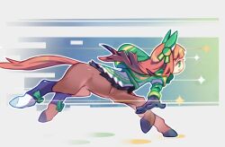  1girl :d animal_ears black_leggings blunt_bangs bow cape centaur commentary ear_covers flat_chest from_side full_body green_bow green_cape green_eyes green_sleeves hairband highres hime_cut horse_ears horse_tail layered_sleeves leggings long_hair long_sleeves monster_girl monsterification multiple_legs old-night open_mouth orange_hair orange_tail pleated_skirt profile running shirt silence_suzuka_(umamusume) skirt smile solo tail taur umamusume white_hairband white_shirt white_skirt 