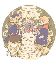  1boy 1girl blonde_hair character_request circle commentary_request facial_mark green_background highres medjed_(monster_strike) money monster_strike profile short_hair smile sparkle takeuchi_ryousuke wide_sleeves 