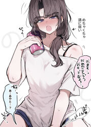  1boy absurdres ayase_ayato_(imamiya_pinoko) black_hair brown_hair can covered_nipples drink_can drunk fang highres imamiya_pinoko long_hair original ponytail short_shorts shorts sitting skin_fang solo thick_eyebrows translated trap violet_eyes white_background 