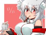  1girl animal_ears bare_shoulders blush breasts dated detached_sleeves eating fingerless_gloves food_in_mouth gloves inubashiri_momiji katsumi5o large_breasts looking_at_viewer pocky pocky_day red_eyes short_hair silver_hair solo touhou wolf_ears 