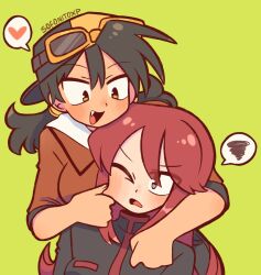  2girls backwards_hat black_hair blush breasts brown_eyes cheek_pull dark-skinned_female dark_skin ethan_(pokemon) fang genderswap genderswap_(mtf) goggles goggles_on_headwear green_background grey_eyes hat heart highres long_hair long_sleeves low_twintails medium_breasts multiple_girls one_eye_closed open_mouth pokemon pokemon_adventures red_hair short_hair short_sleeves short_twintails silver_(pokemon) simple_background smile sofo_soup speech_bubble spoken_heart spoken_squiggle squiggle twintails 