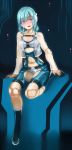  1girl alpha_(acerailgun) blue_hair boots borrowed_character doll_joints full_body girutea long_hair looking_at_viewer navel original pink_eyes ringed_eyes robot_girl see-through sitting small_breasts solo 