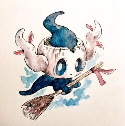  bright_pupils broom commentary_request expressionless full_body holding holding_broom looking_at_viewer mint_nappa no_humans painting_(medium) phantump pokemon pokemon_(creature) simple_background solo traditional_media watercolor_(medium) white_pupils 