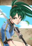  1girl daniel_macgregor earrings fingerless_gloves fire_emblem fire_emblem:_rekka_no_ken gloves green_eyes green_hair jewelry long_hair lyndis_(fire_emblem) obi ponytail sash scabbard scrunchie sheath sheathed solo sword weapon 