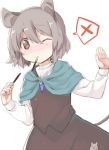  1girl akagashi_hagane animal_ears blush capelet grey_hair hands_up jewelry mouse mouse_ears mouse_tail mouth_hold nazrin one_eye_closed pendant pocky red_eyes short_hair simple_background skirt solo tail touhou white_background 