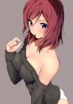  1girl ass blush breasts cleavage collarbone love_live!_school_idol_project matarou_(genkai_toppa) mouth_hold nishikino_maki off_shoulder panties pocky pocky_day redhead short_hair solo underwear violet_eyes white_panties 