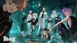 2girls 6+boys ahu_(to_be_hero_x) aqua_hair big_johnny_(to_be_hero_x) billboard black_tank_top cityscape coat cowboy_hat dog dragon_boy_(to_be_hero_x) e-soul_(to_be_hero_x) fedora fireworks fur_hat ghostblade_(to_be_hero_x) green_eyes hair_slicked_back hand_on_own_neck hands_in_pockets hat helmet highres hologram lin_ling_(to_be_hero_x) little_johnny_(to_be_hero_x) loli_(to_be_hero_x) lucky_cyan_(to_be_hero_x) mask mouth_mask mullet multiple_boys multiple_girls music official_art open_clothes open_shirt orange_hair oversized_clothes piercing pink_eyes pink_hair purple_hair queen_(to_be_hero_x) reflection sd2190392804 shirt singing tank_top tinted_eyewear to_be_hero to_be_hero_x trench_coat violet_eyes walking white_hair white_shirt x_(to_be_hero_x) yellow-tinted_eyewear 