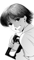  1boy 63roku63 black_hair chrollo_lucilfer greyscale highres holding hunter_x_hunter male_focus monochrome shirt short_hair simple_background smile solo upper_body 