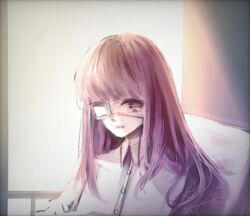  1girl bed collared_shirt day dot_nose eyepatch highres hospital hospital_bed indoors medical_eyepatch nikki_(nikki) nikki_(series) on_bed pajamas parted_lips pillow railing shining_nikki shirt sidelocks sitting solo subarwu_u sunlight upper_body white_pajamas white_shirt 