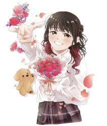  1girl animification black_hair bouquet brown_eyes buttons commentary_request dog fingernails flower highres holding holding_bouquet long_hair long_sleeves looking_at_viewer multicolored_hair outstretched_arm pink_petals real_life rose shirt smile teeth two-tone_hair voice_actor white_background white_shirt wotaku_jinsei_enjoy_ikioi yabushima_akane 