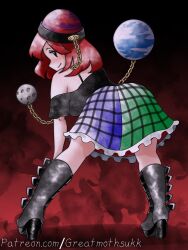  1girl arched_back bare_shoulders black_boots black_shirt boots chain earth_(ornament) gold_chain greatmothsucks hand_on_own_knee hecatia_lapislazuli highres knee_boots looking_at_viewer moon_(ornament) multicolored_skirt off-shoulder_shirt off_shoulder paid_reward_available red_eyes red_hair shirt short_hair skirt t-shirt touhou underworld_(ornament) 