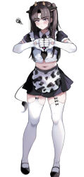  1boy absurdres animal_ears animal_print apron ayase_ayato_(imamiya_pinoko) black_hair blush cow_ears cow_horns cow_print cow_tail crossdressing crossdressing_(mtf) elbow_gloves fake_animal_ears fake_horns full_body garter_straps gloves highres horns imamiya_pinoko long_hair maid male_maid midriff original puffy_short_sleeves puffy_sleeves short_sleeves solo squiggle stomach sweat tail thick_eyebrows thigh-highs trap twintails violet_eyes waist_apron white_background white_gloves white_thighhighs 