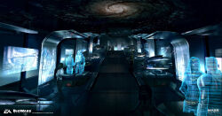  6+others ben_lo commentary concept_art english_commentary galaxy highres hologram holographic_interface indoors mass_effect_(series) multiple_others painterly people ramp reflection science_fiction space spacecraft_interior standing starry_sky_print 