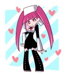  1girl bleach blush_stickers dokugamine_riruka frown green_nails hanyapunifu hat heart panty_&amp;_stocking_with_garterbelt parody purple_hair solo style_parody thigh-highs twintails violet_eyes 