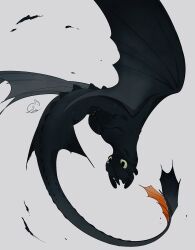  chilfa_112 dragon green_eyes grey_background highres how_to_train_your_dragon_(series) monster monster_focus no_humans simple_background solo tail toothless western_dragon wings 