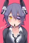  1girl blush breasts bust eyepatch fujino_(unajisaiko) headgear kantai_collection mouth_hold pink_background pocky pocky_day purple_hair short_hair solo sweater tenryuu_(kantai_collection) twitter_username yellow_eyes 