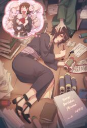  2girls animal black_hair black_kimono book calligraphy_brush closed_eyes commentary_request dated dreaming drooling fetal_position haori happy_birthday headpat highres holding holding_animal holding_calligraphy_brush holding_paintbrush japanese_clothes kimono korean_commentary lying may_c multiple_girls naruto_(series) on_side open_mouth paintbrush pig red_nails scroll shizune_(naruto) sleeping smile speech_bubble thought_bubble tsunade_(naruto) 